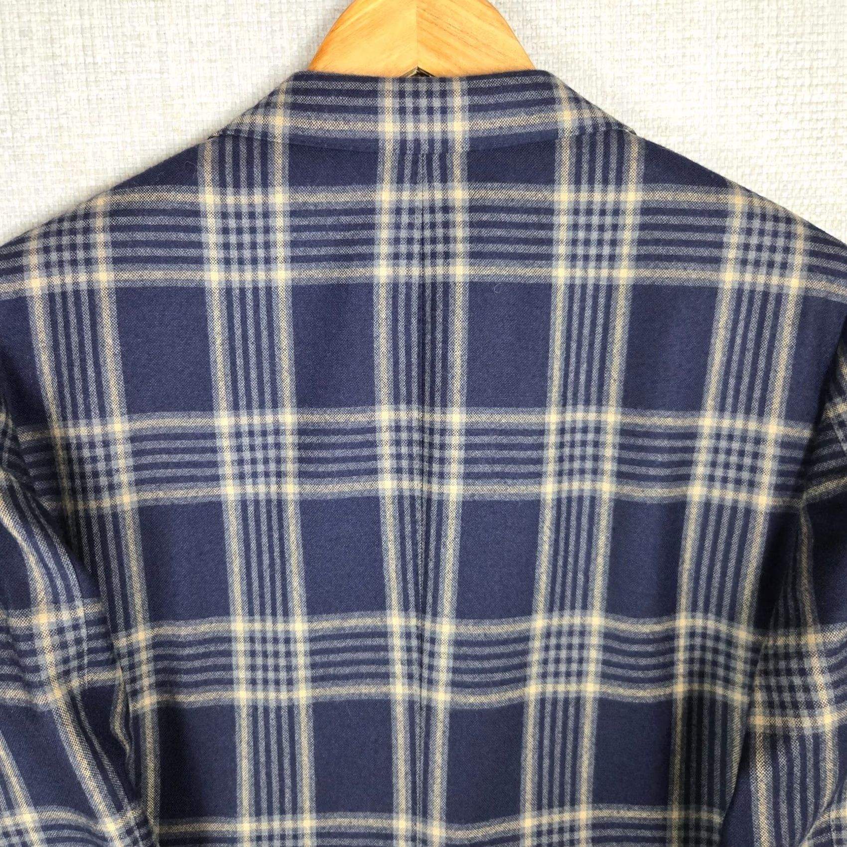 Vintage Custom Bespoke Mens Size 38 Blue Windowpane Plaid Soft Wool Jacket Blazer - 100% 4 Button Front, Double Vented, Notch Lapel Size 38R - 6 Thumbnail