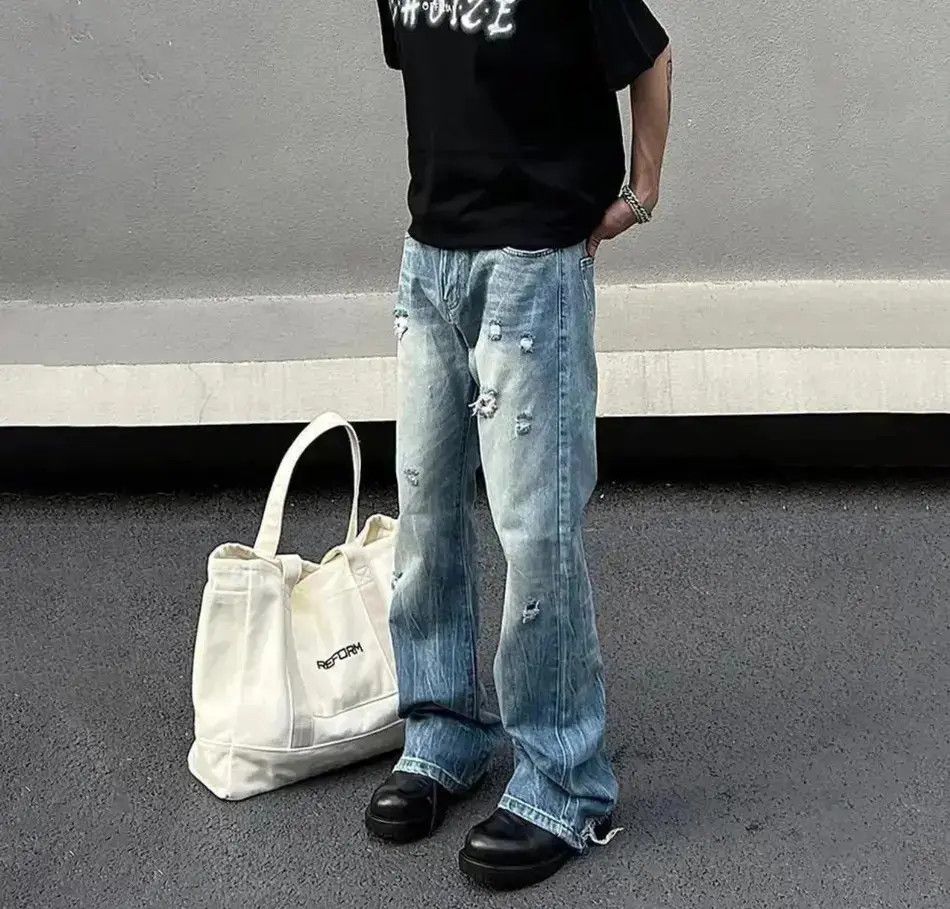 Japanese Brand Distressed Stack Baggy Jeans, Flared Jeans Size US 32 / EU 48 - 2 Thumbnail