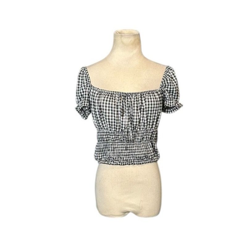 Bershka Bershka black white check short sleeves peasant top size m Size M / US 6-8 / IT 42-44 - 8 Thumbnail