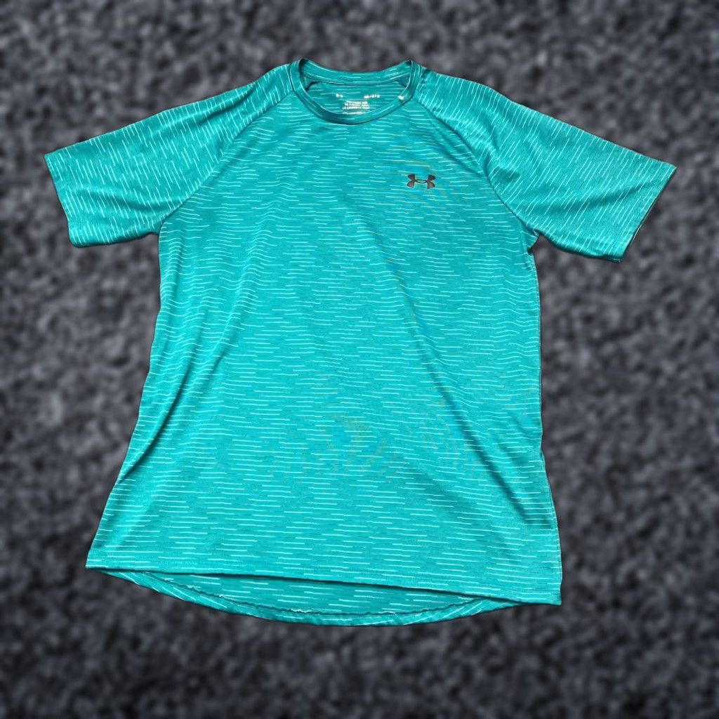 Under Armour VINTAGE Under Armour La Camiseta Tech T Shirt Mens Medium Teal Striped Raglan Sleeve Size US M / EU 48-50 / 2 - 1 Thumbnail