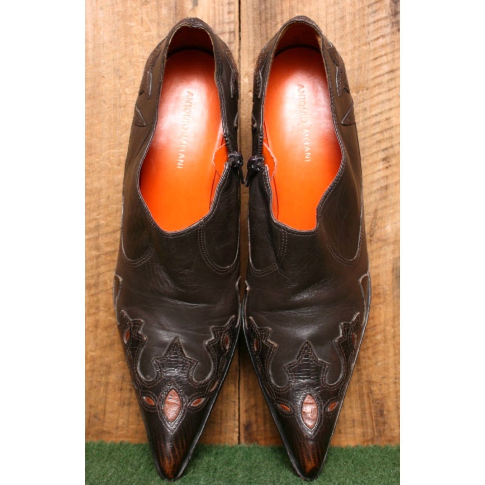 Vintage ANTONIO MELANI Brown Leather Side Zip Pointed Toe Western Shootie Pumps 8.5 M Size US 9 / IT 39 - 4 Thumbnail