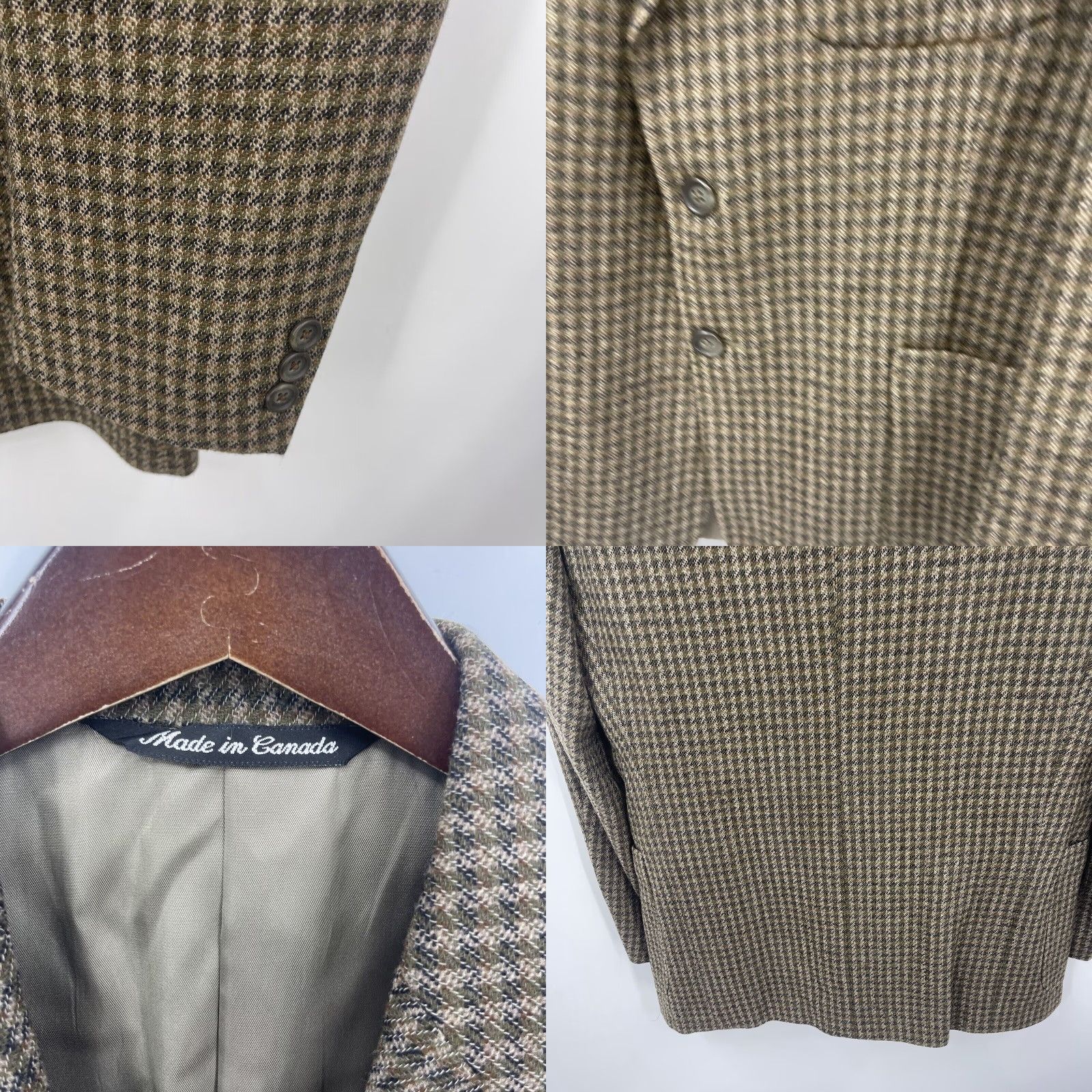 Nordstrom VINTAGE Mickey Spatz Men's Wool Blazer Jacket Single-Breasted 3-Button Houndstooth Beige Casual Business 1980s Mens Size 40R - 8 Thumbnail