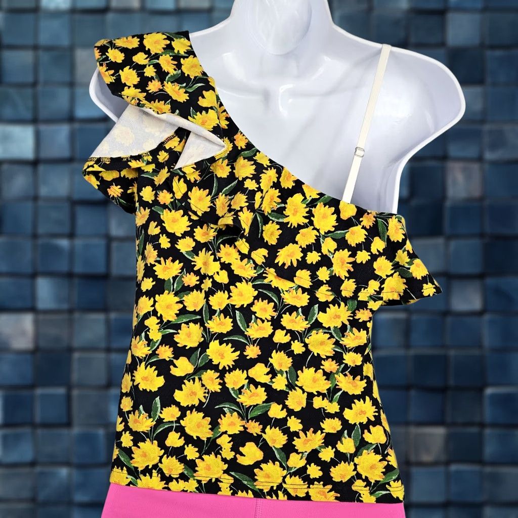 Vintage Maeve by Anthropologie Yellow Floral One-shoulder Top S Womens Cotton Blend Regular Short Sleeve Pullover N E W Size S / US 4 / IT 40 - 1 Thumbnail