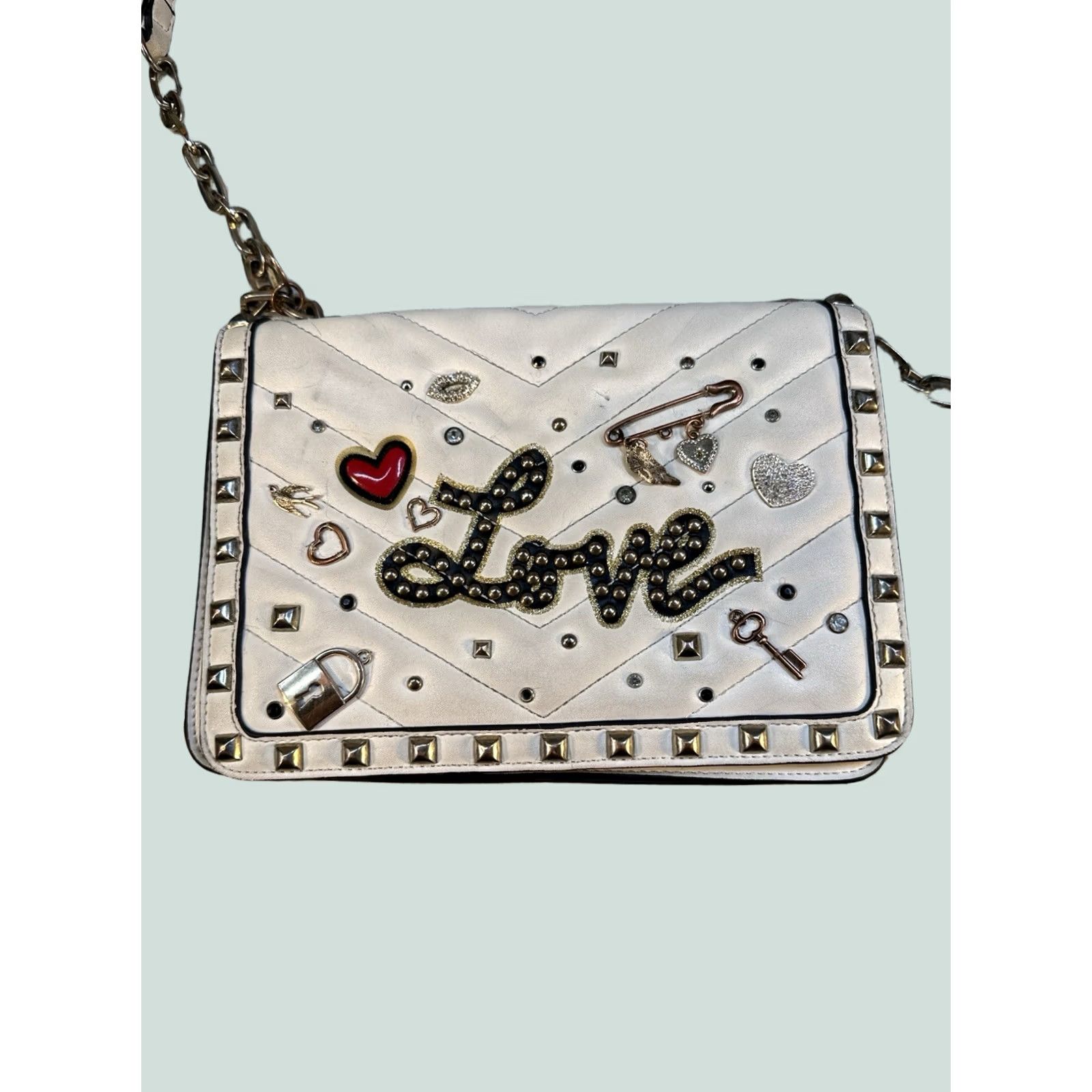 Aldo ALDO Womens White Quilted Crossbody Bag Gold Chain Strap Love Detail Crossbody Womens Bag Size ONE SIZE - 1 Thumbnail