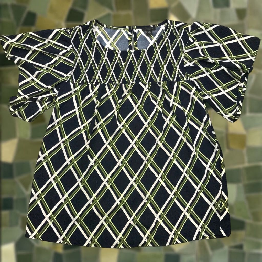 Ann Taylor Ann Taylor Blouse Shirt Womens Medium Blue Crosshatch Striped Flowy Short Sleeve Bell Sleeve Round Neck Pullover Casual Womens Top Size M / US 6-8 / IT 42-44 - 1 Thumbnail