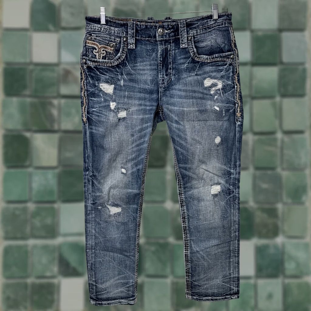 Vintage Rock Revival Jeans Mens 36 X28 Rock Revival Jeans Casual Straight Leg Denim Cotton Blend 5-Pocket Embroidered Logo Distressed Vintage: No Mens Size US 36 / EU 52 - 1 Thumbnail
