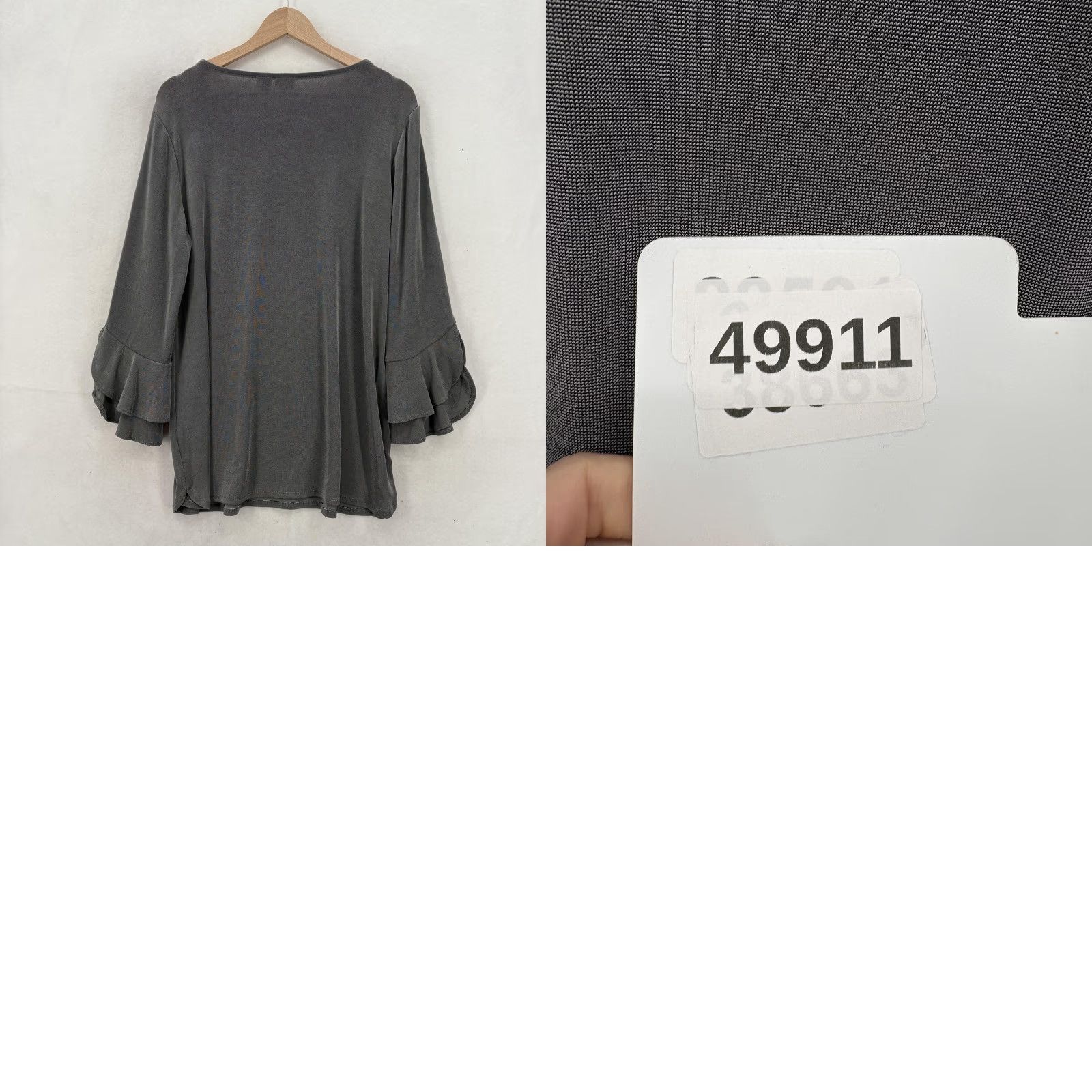 Vintage Chico's Blouse Womens L Gray Bell Sleeve Scoop Neck Knit Travel Stretch Jersey Relaxed Ruffle Solid Pattern Vintage No Size L / US 10 / IT 46 - 9 Thumbnail