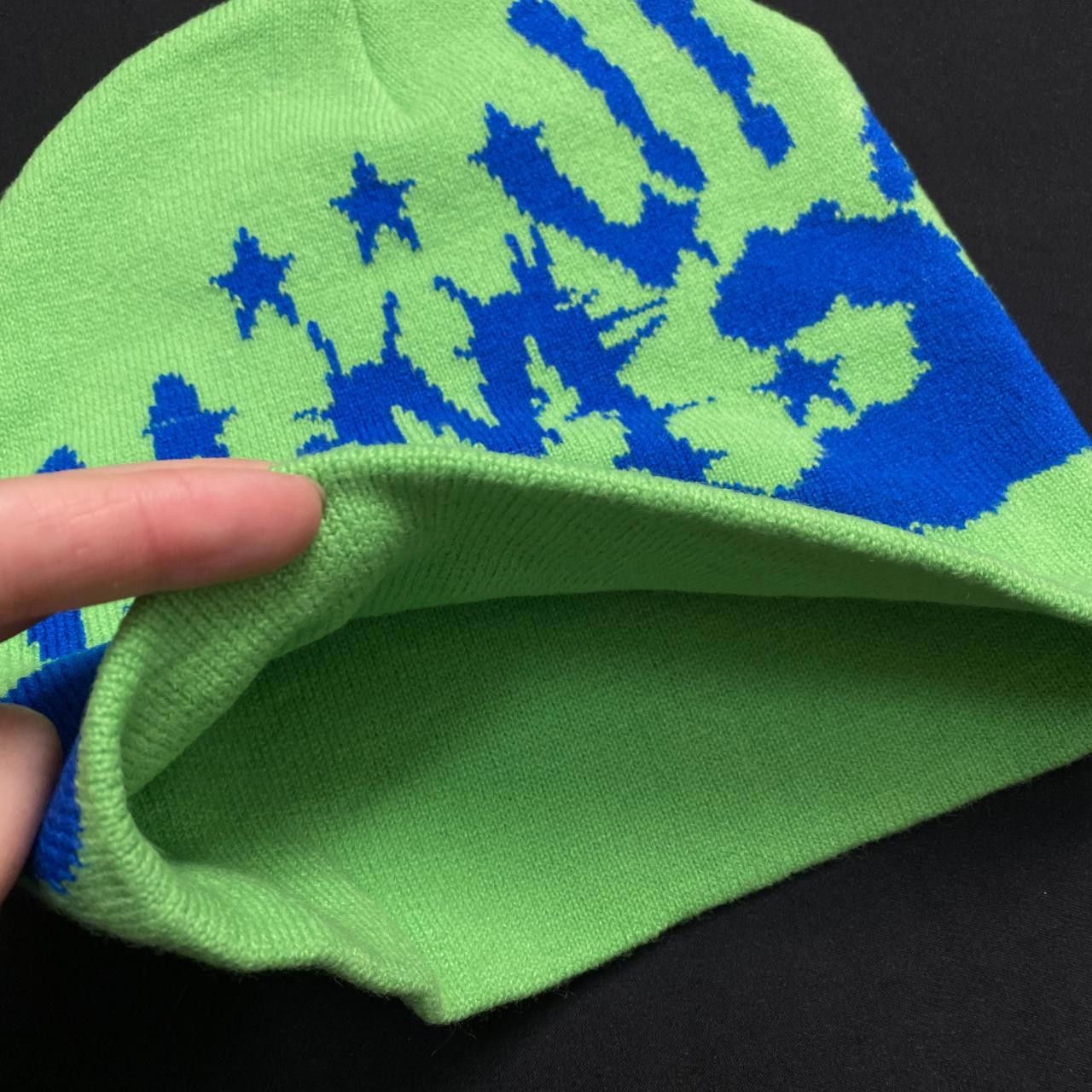 Japanese Brand Rare Handprint Graphic Design No Cuff Knit Green Beanie OS Size ONE SIZE - 5 Thumbnail