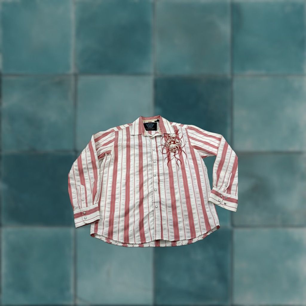 CO VINTAGE Platini Jeans Co Shirt Mens XL Red White Striped Embroidered Skull Long Sleeve Size US XL / EU 56 / 4 - 1 Thumbnail