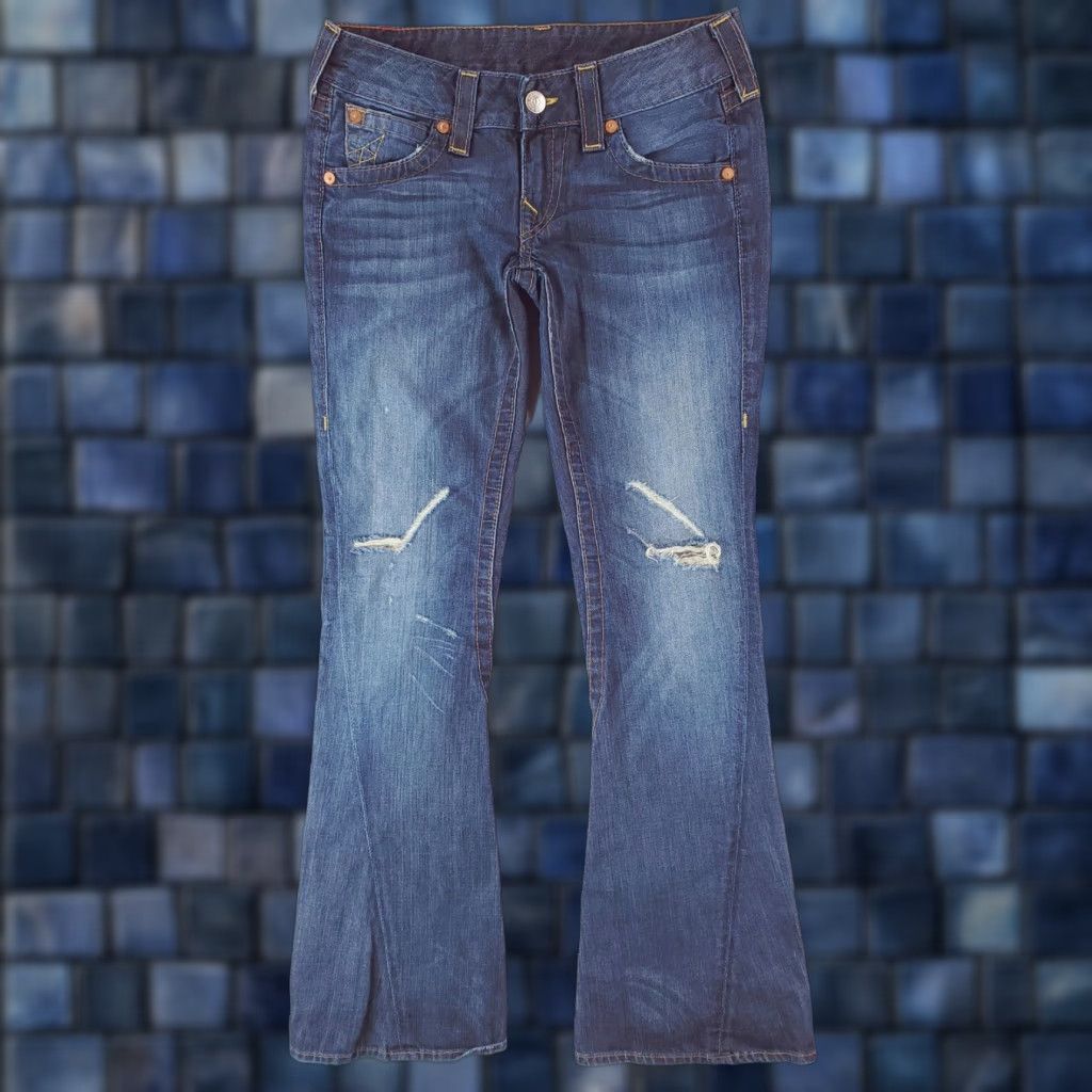 TRUE RELIGION JOEY PATCH BIG T デニム 28 JOEY MID RISE RIP REPAIR BIG T FLARE JEAN - JCKM | True Religion