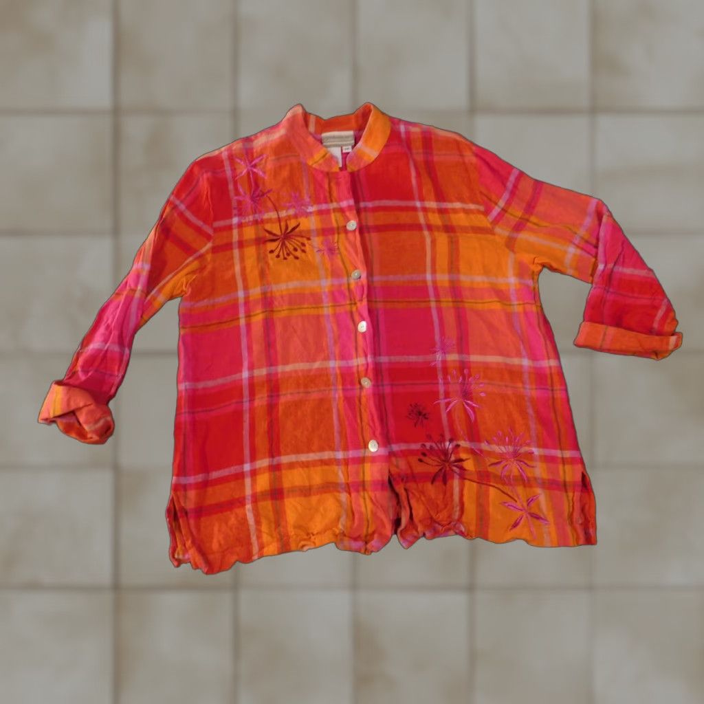 Coldwater Creek VINTAGE Coldwater Creek Shirt Womens Medium Orange Plaid Linen Rayon Embroidered Floral Size M / US 6-8 / IT 42-44 - 1 Thumbnail