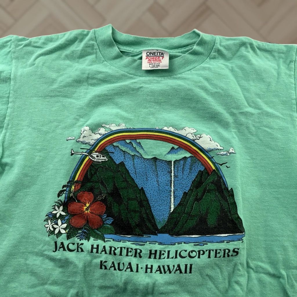 Vintage Oneita Power T Jack Harter Helicopters Kauai Hawaii Short Sleeve T Shirt Men's L Teal Size US L / EU 52-54 / 3 - 1 Thumbnail