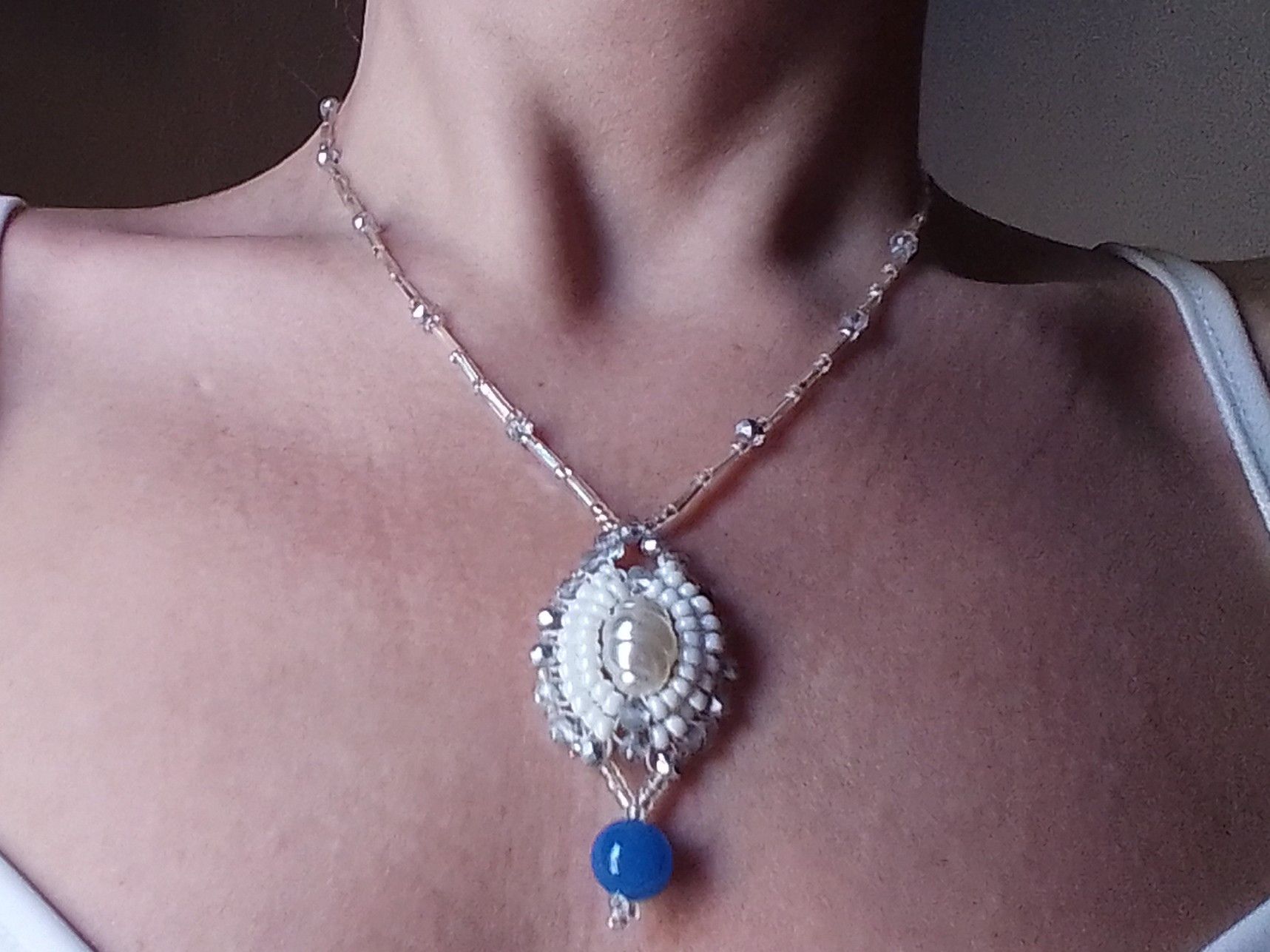 Handmade Charm Necklace Elegant Blue Agate gemstone faux pearl Size ONE SIZE - 1 Thumbnail