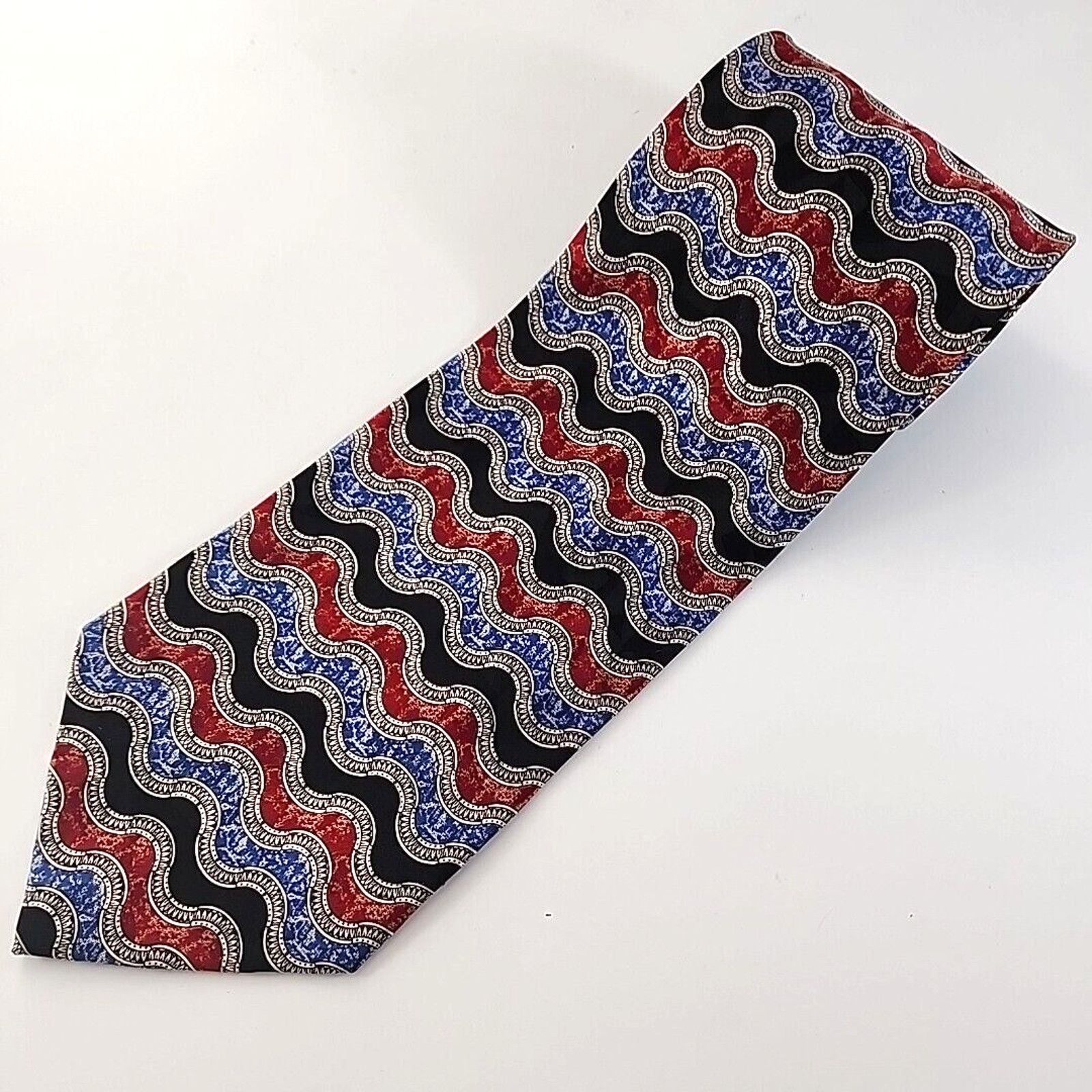 Vintage Ron Chereskin Red & Blue Wave Pattern Silk Necktie Like New Size ONE SIZE - 4 Thumbnail
