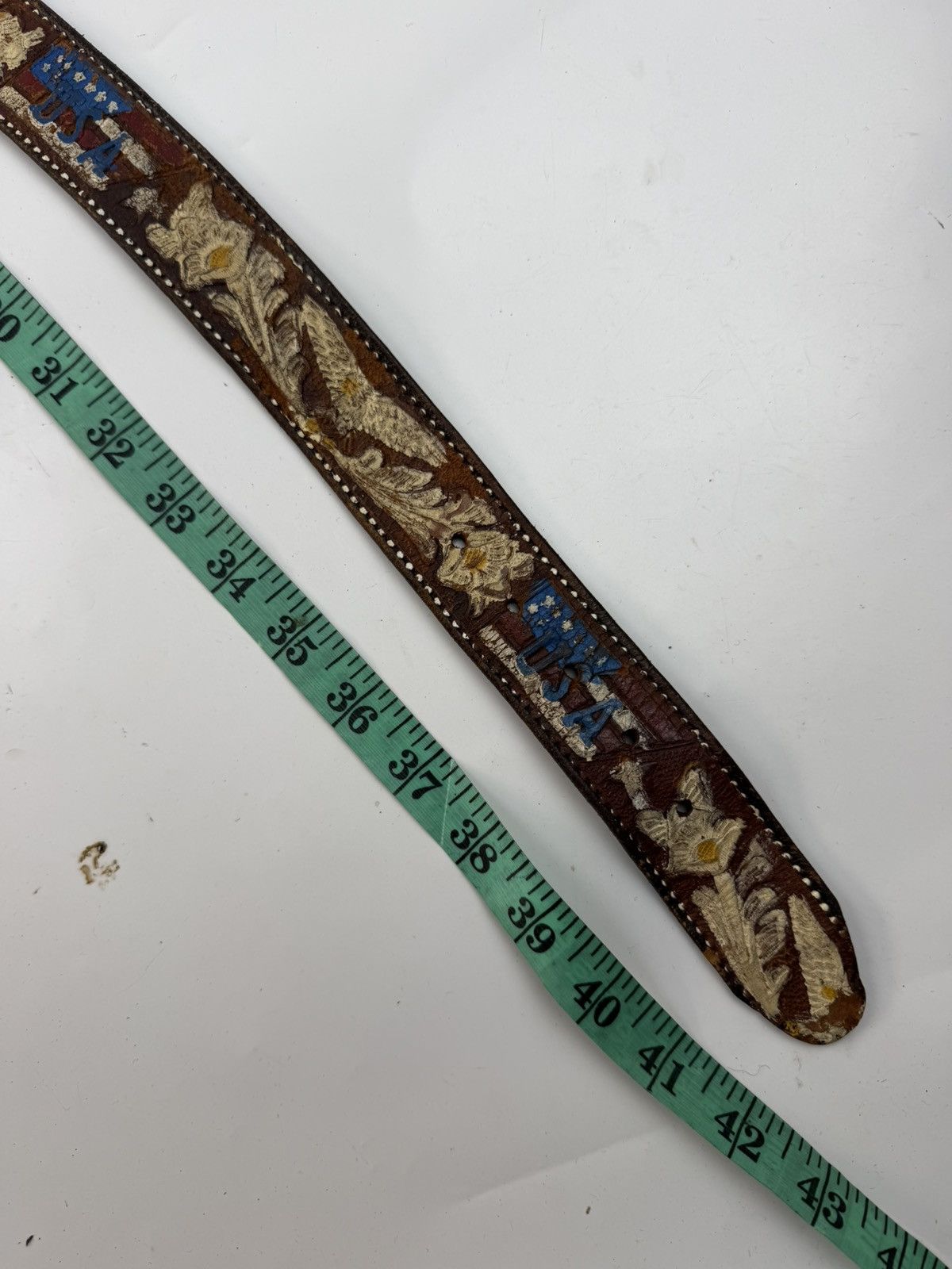 Japanese Brand vintage style distressed painted leather belt tc51 Size 38 - 5 Thumbnail