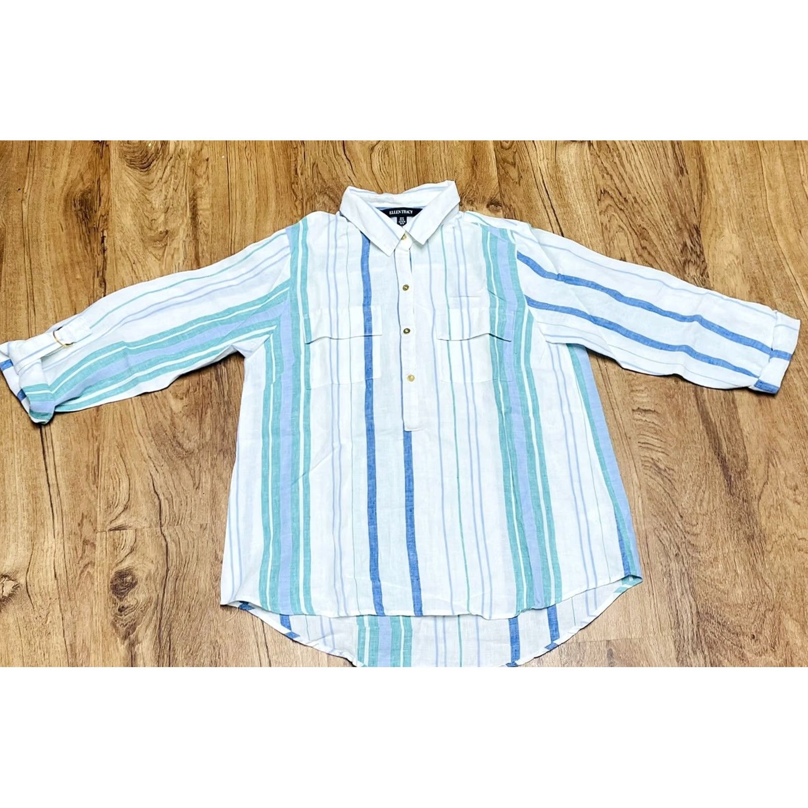 Vintage VINTAGE Ellen Tracy Shirt Womens 3/4 Sleeve Pullover Medium White Blue Green Chambray Buttoned Collar Casual 90s Regular Knit/ Cotton Blend Size M / US 6-8 / IT 42-44 - 2 Thumbnail