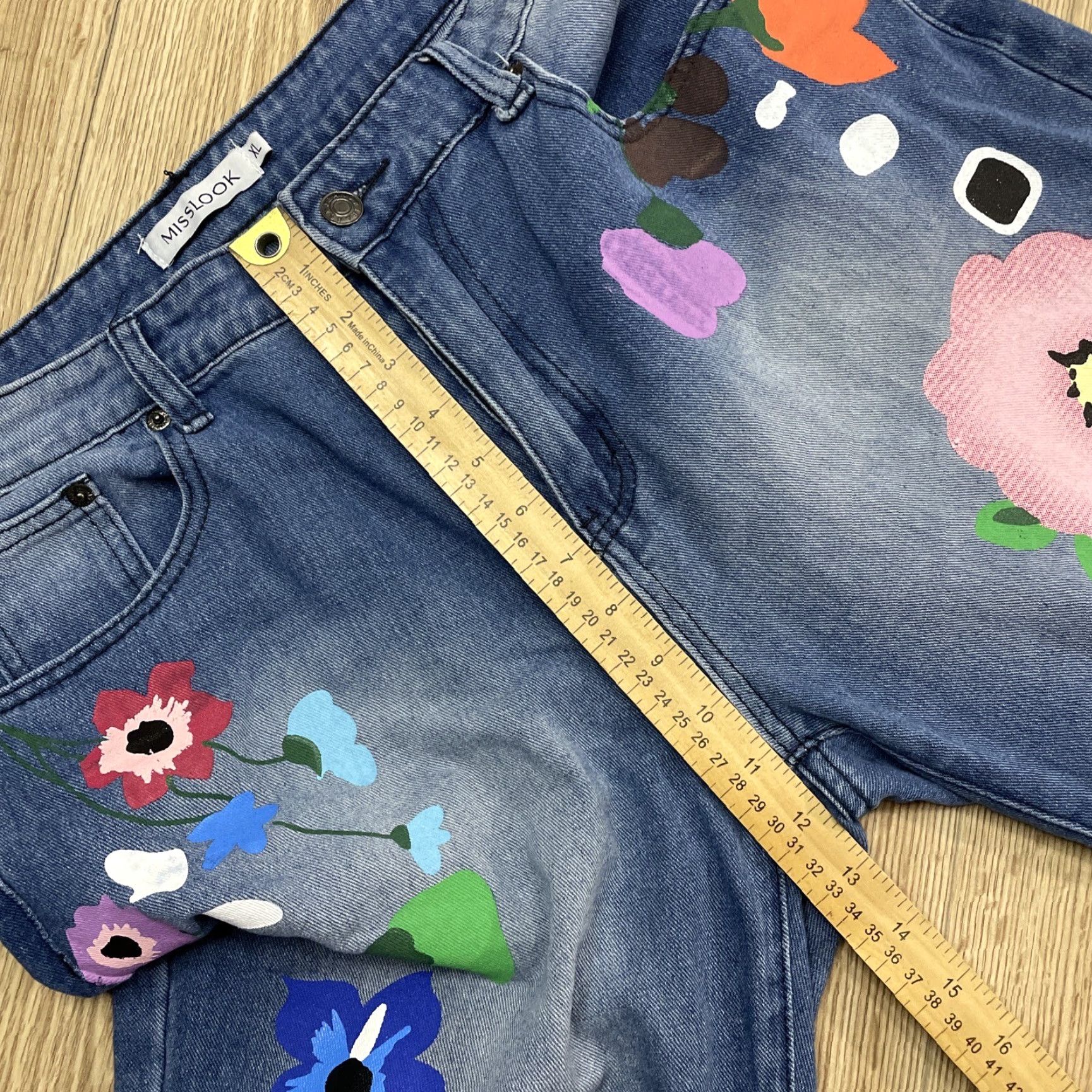 Vintage Miss Look Denim Blue Jeans Women's XL High Rise Straight Fit Hipster Boho Floral Painted Hippie Style Size 40" / US 18 - 5 Thumbnail