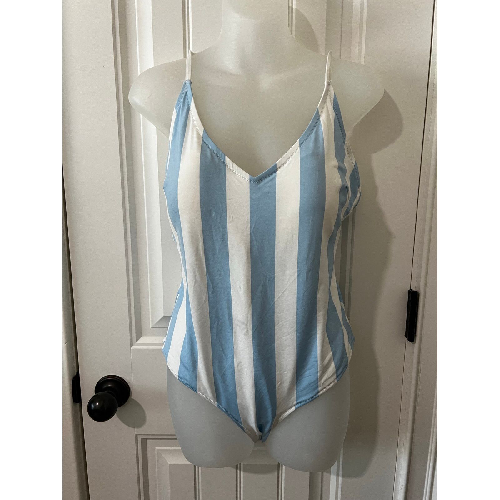 H&M one piece swimsuit swimwear Light blue/White striped padded Size XL / US 12-14 / IT 48-50 - 3 Thumbnail