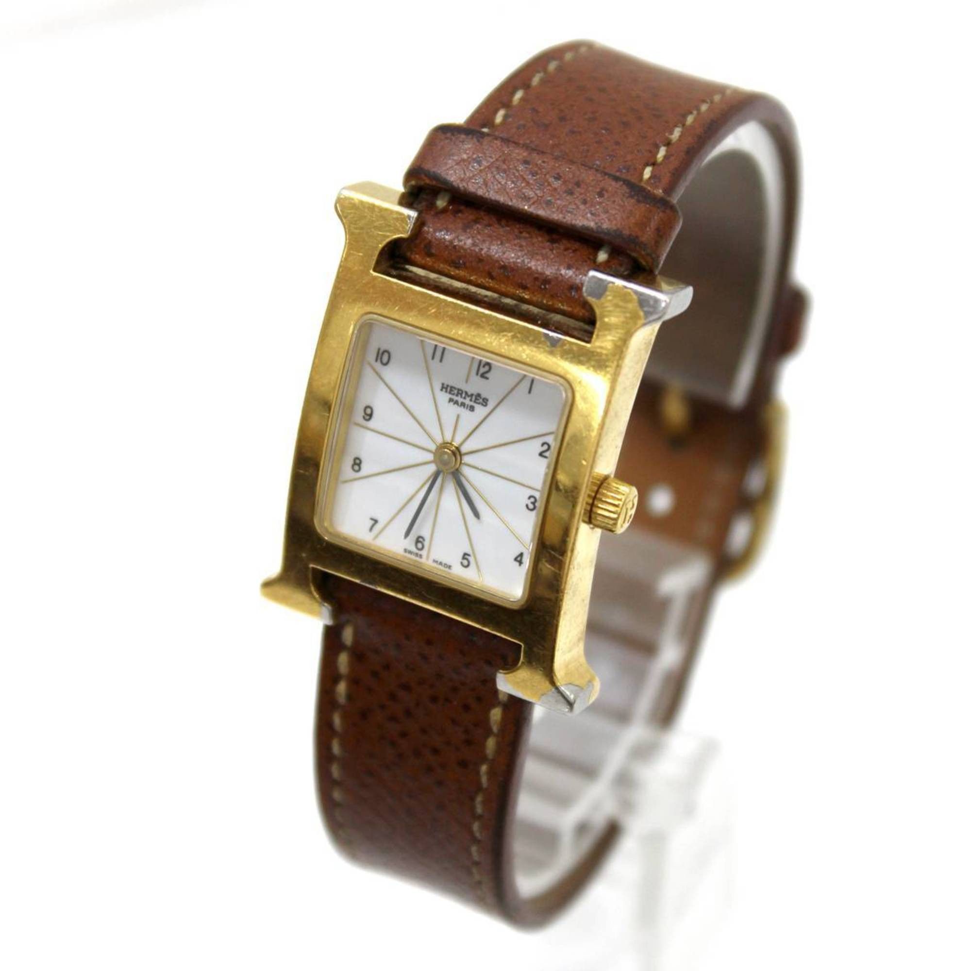 image of Hermes H Watch Ladies Quartz Gold X Brown Dial: White Hh1.201 G in Black, Women's