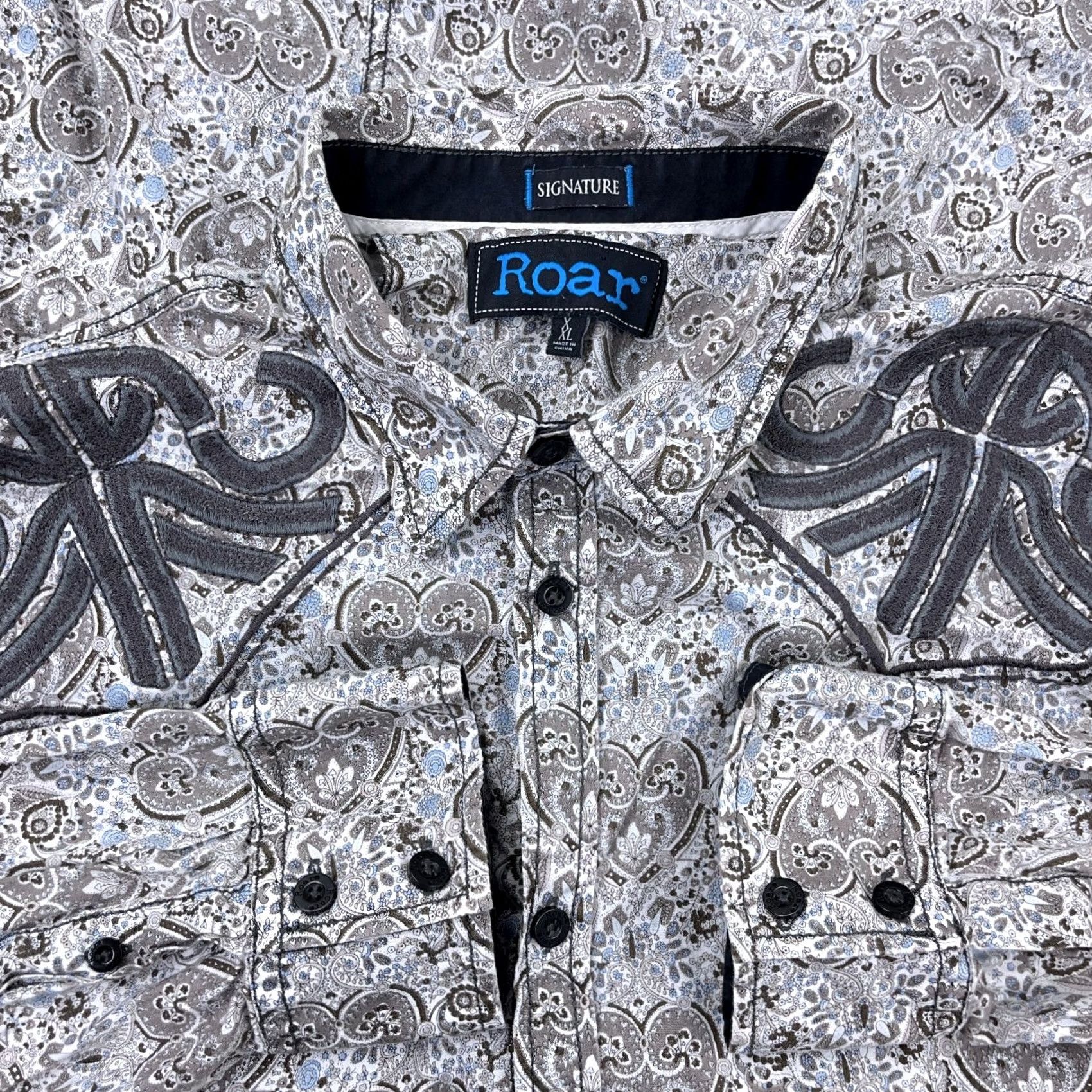 Roar Roar Shirt Men XL Gray Paisley Button Up Rockabilly Western Yoke Cross Punk MMA Size US XL / EU 56 / 4 - 3 Thumbnail