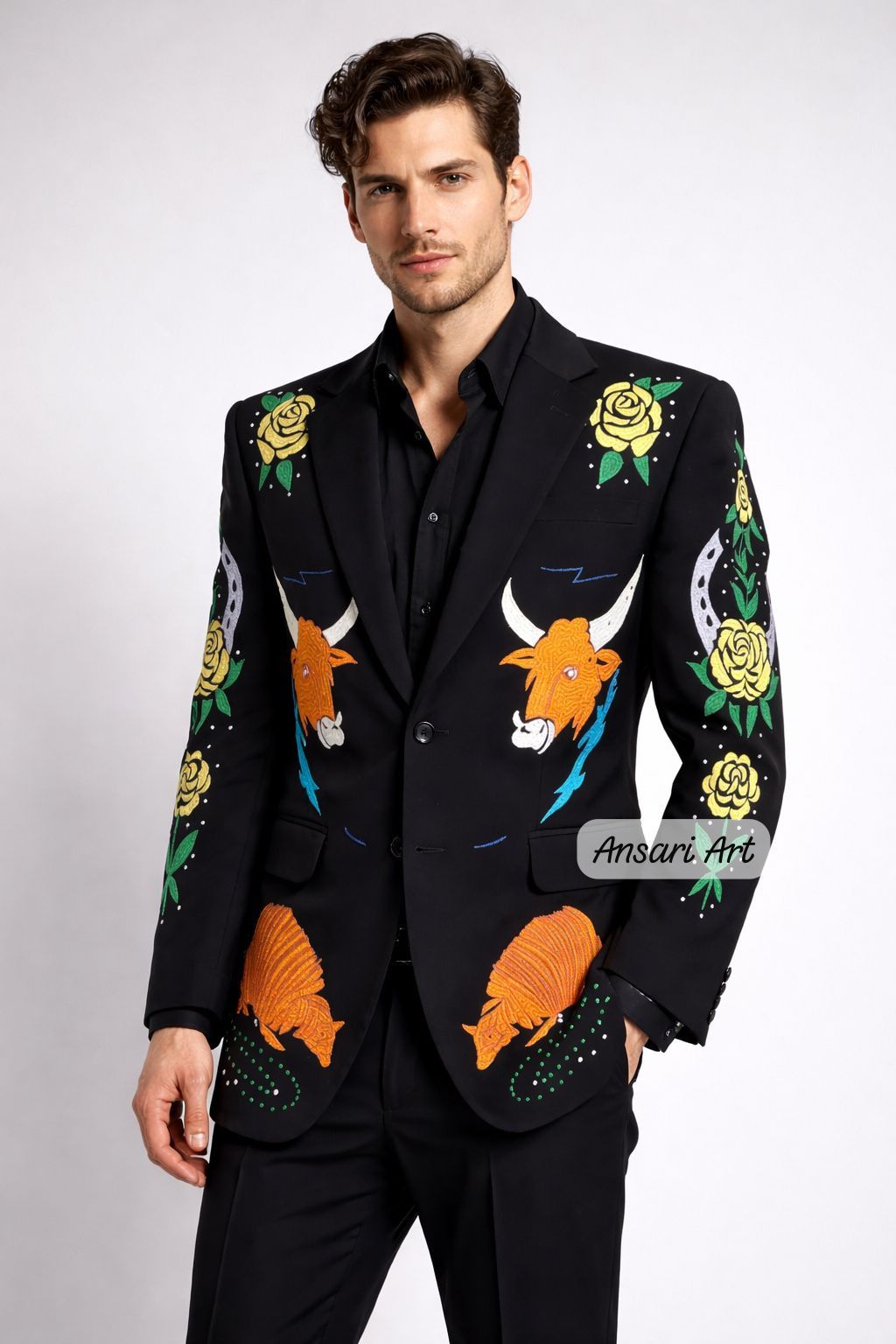 Other Men 2PC Customized Panther embroidery western prom outfit Size 46S - 1 Thumbnail