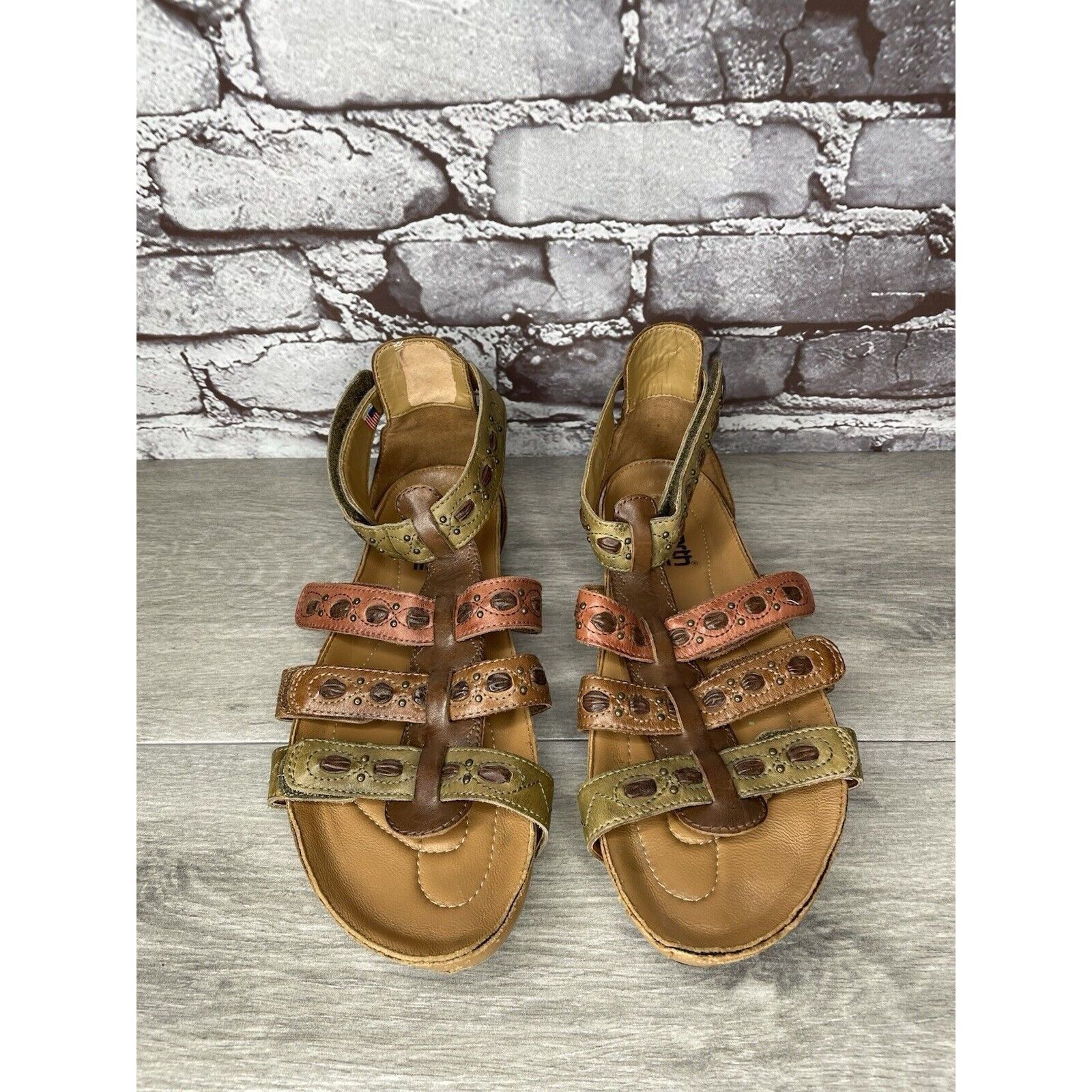 Other Earth Kalso Empire Bat Brown Leather Green Ankle Strap Wedge Size US 7.5 / IT 37.5 - 1 Thumbnail