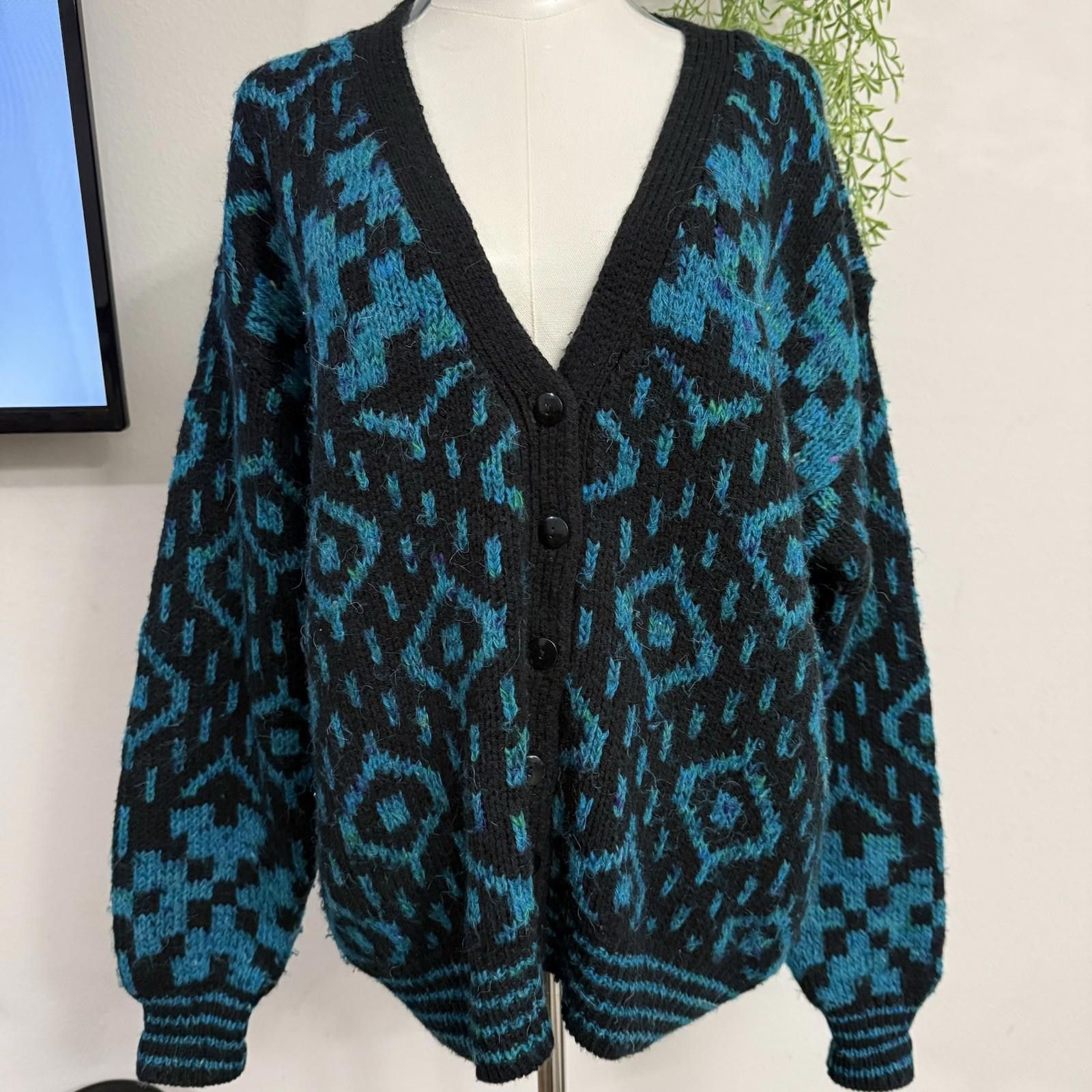 FABRIZIO DEL CARLO Fabrizio Abstract Boho Teal Western Cardigan Wool Size M / US 6-8 / IT 42-44 - 1 Thumbnail