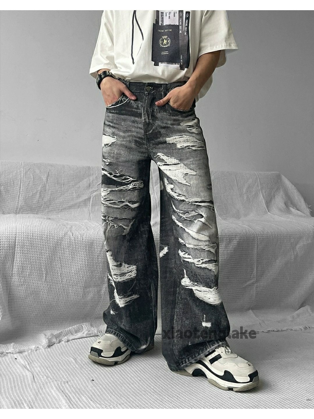 Jean × Vintage washed faded loose baggy bootcut damaged print jeans Size US 30 / EU 46 - 3 Thumbnail