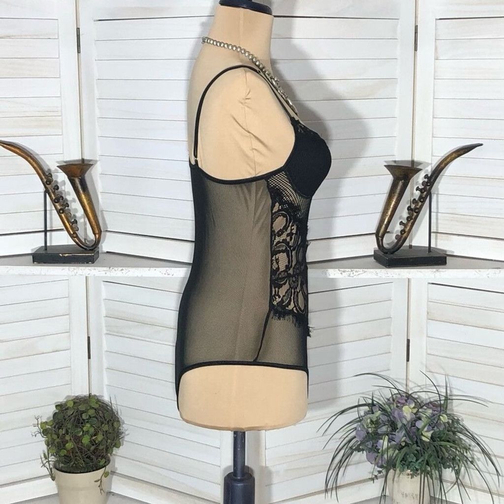 Vintage Y2K Bustier Bodysuit Lace Sheer Mesh Floral Black sz S Size ONE SIZE - 7 Thumbnail
