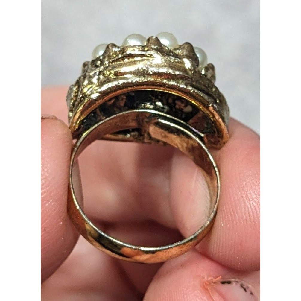 Other Vintage Glam Gold Tone Rhinestone Seed Pearl Adjustable Ring Size ONE SIZE - 4 Thumbnail