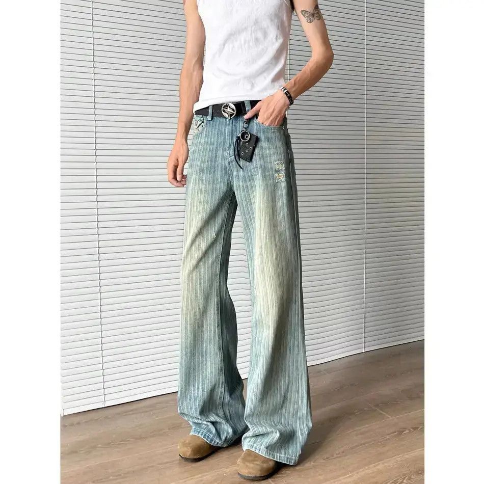 Japanese Brand Retro loose washed striped wide leg jeans Size US 32 / EU 48 - 6 Thumbnail