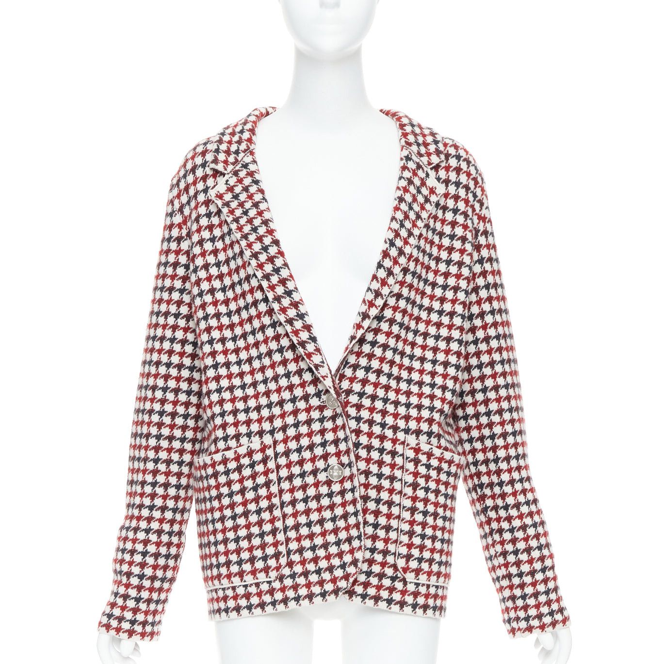 Barrie BARRIE burgundy cream cashmere lambswool houndstooth knit blazer XS Size S / US 4 / IT 40 - 1 Thumbnail