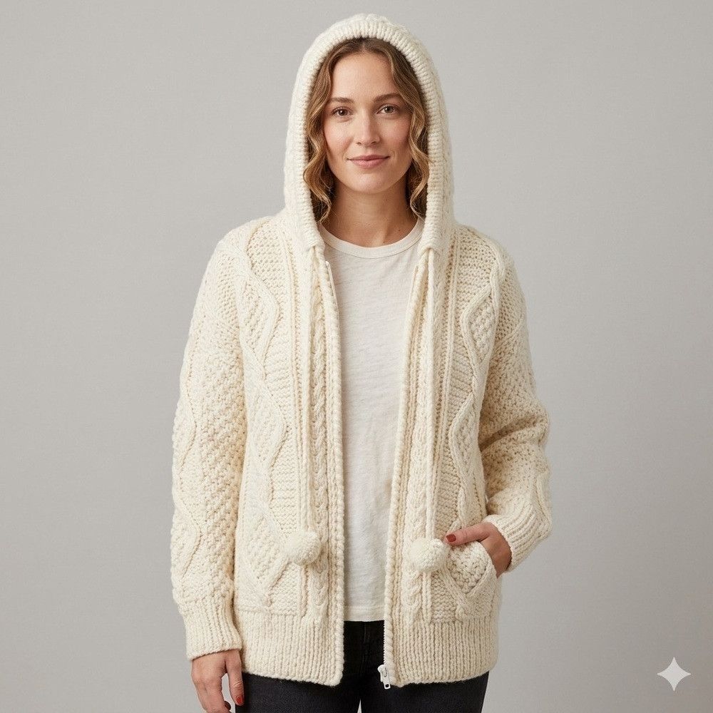 Vintage Handmade Peruvian Cable Knit Hooded Wool Full-Zip Cardigan Size M / US 6-8 / IT 42-44 - 1 Thumbnail