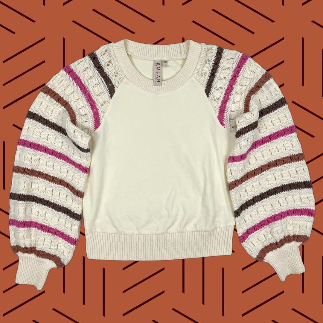 Anthropologie Dolan Sweater Womens Small Ivory Pointelle Knit Striped Left Coast Anthropologie Size S / US 4 / IT 40 - 1 Thumbnail