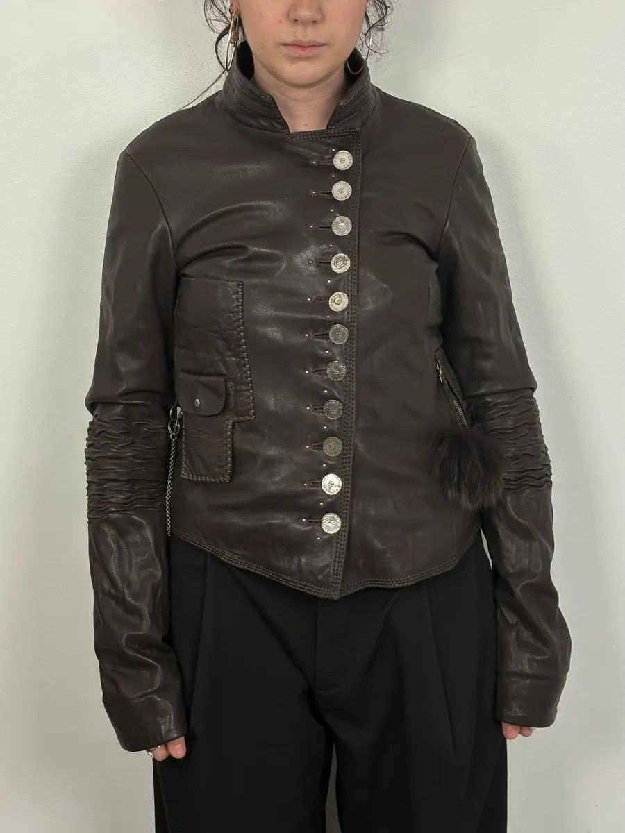 Marithe + Francois Girbaud SS2003 Marithé + François Girbaud Brown Asymmetrical Buttoned Leather Jacket Size M / US 6-8 / IT 42-44 - 1 Thumbnail