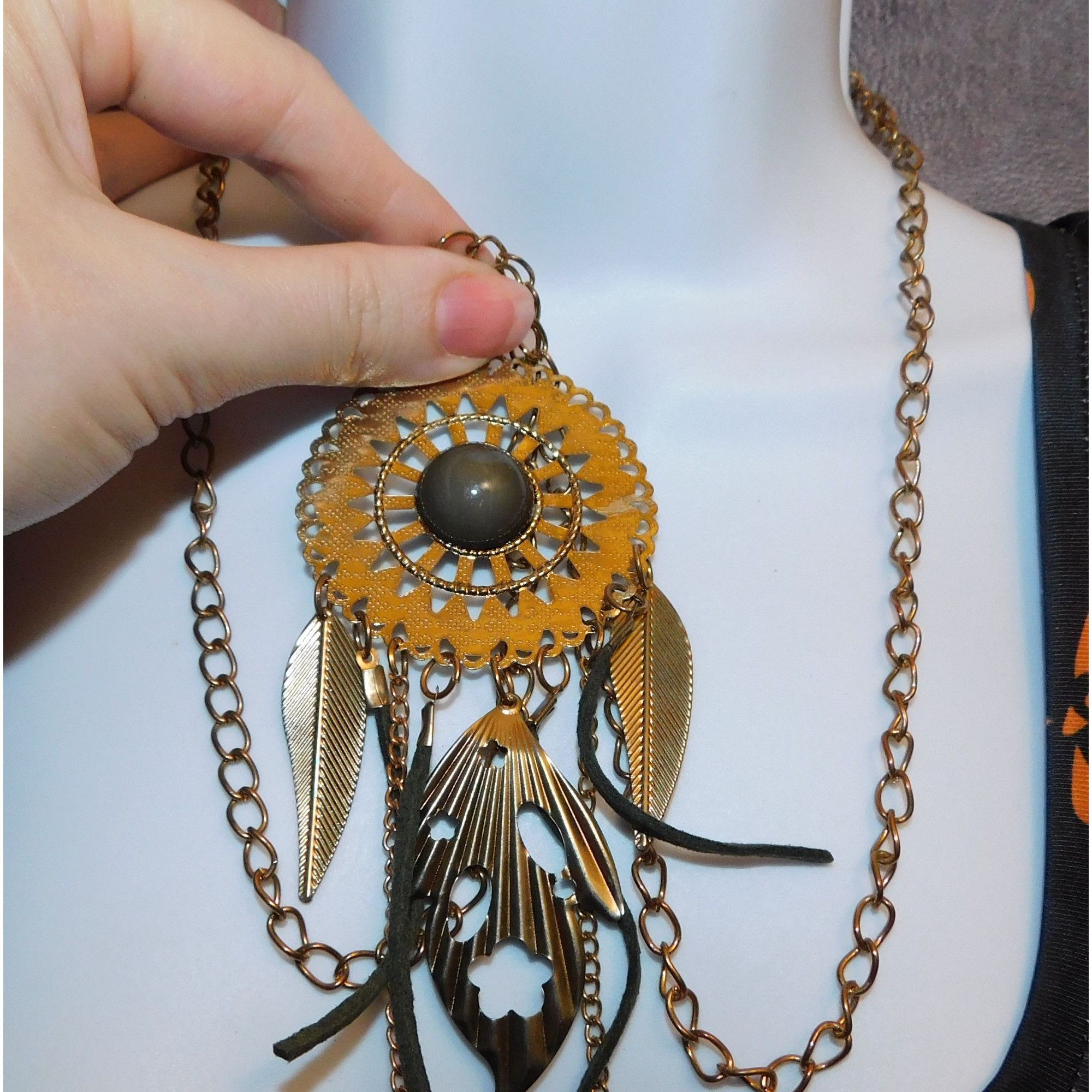 Other Bohemian Medallion Necklace Grey And Gold Tone With Fringe Size ONE SIZE - 4 Thumbnail