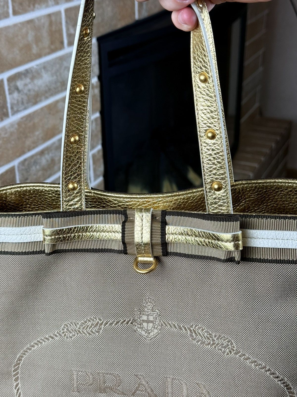 Prada Prada Brown Logo Jacquard Canvas Mettalic Gold Handle Bag Size ONE SIZE - 8 Thumbnail