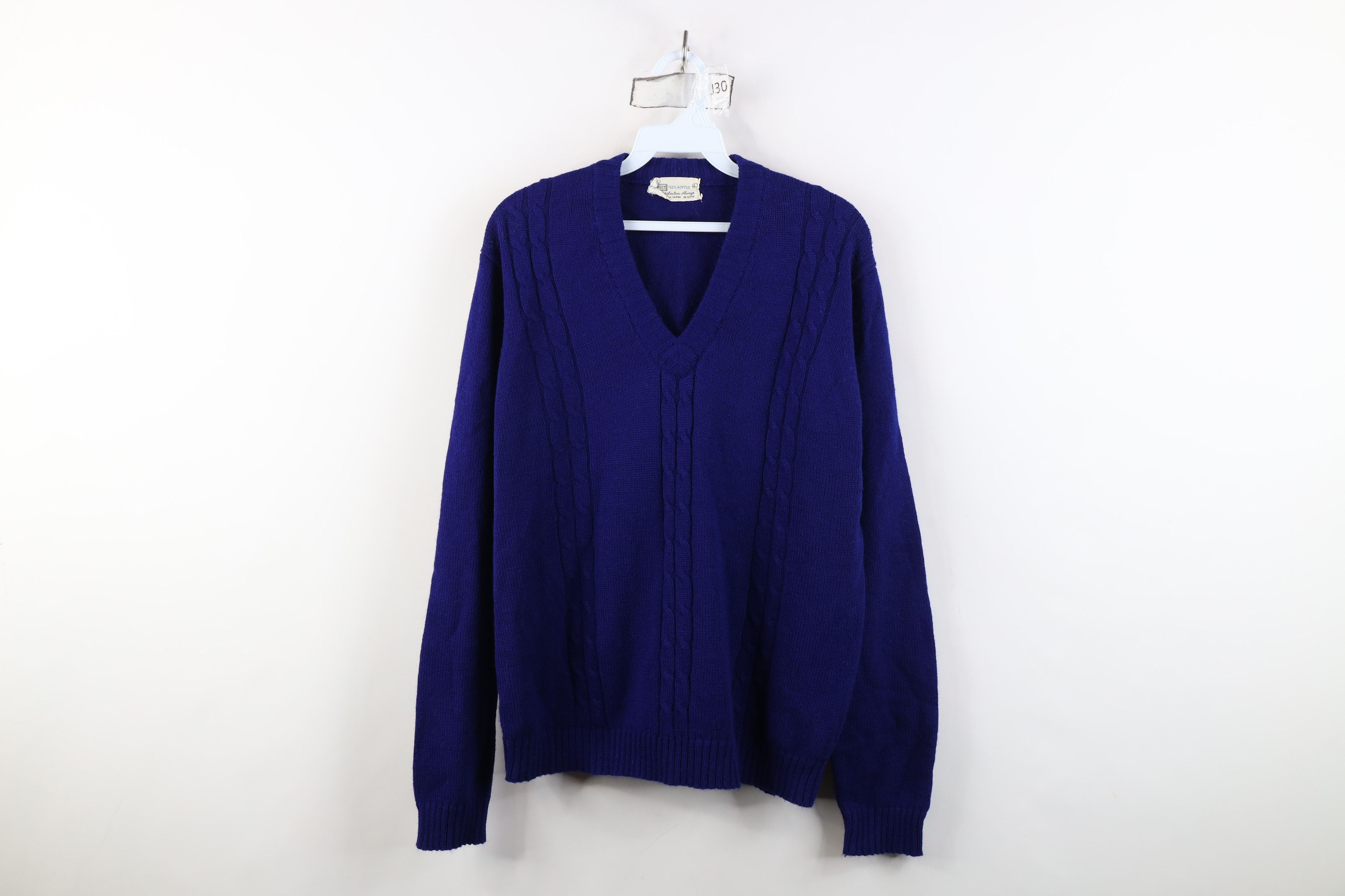 Vintage Vintage 70s Streetwear Ribbed Cable Knit V-Neck Sweater Blue Size L / US 10 / IT 46 - 1 Thumbnail