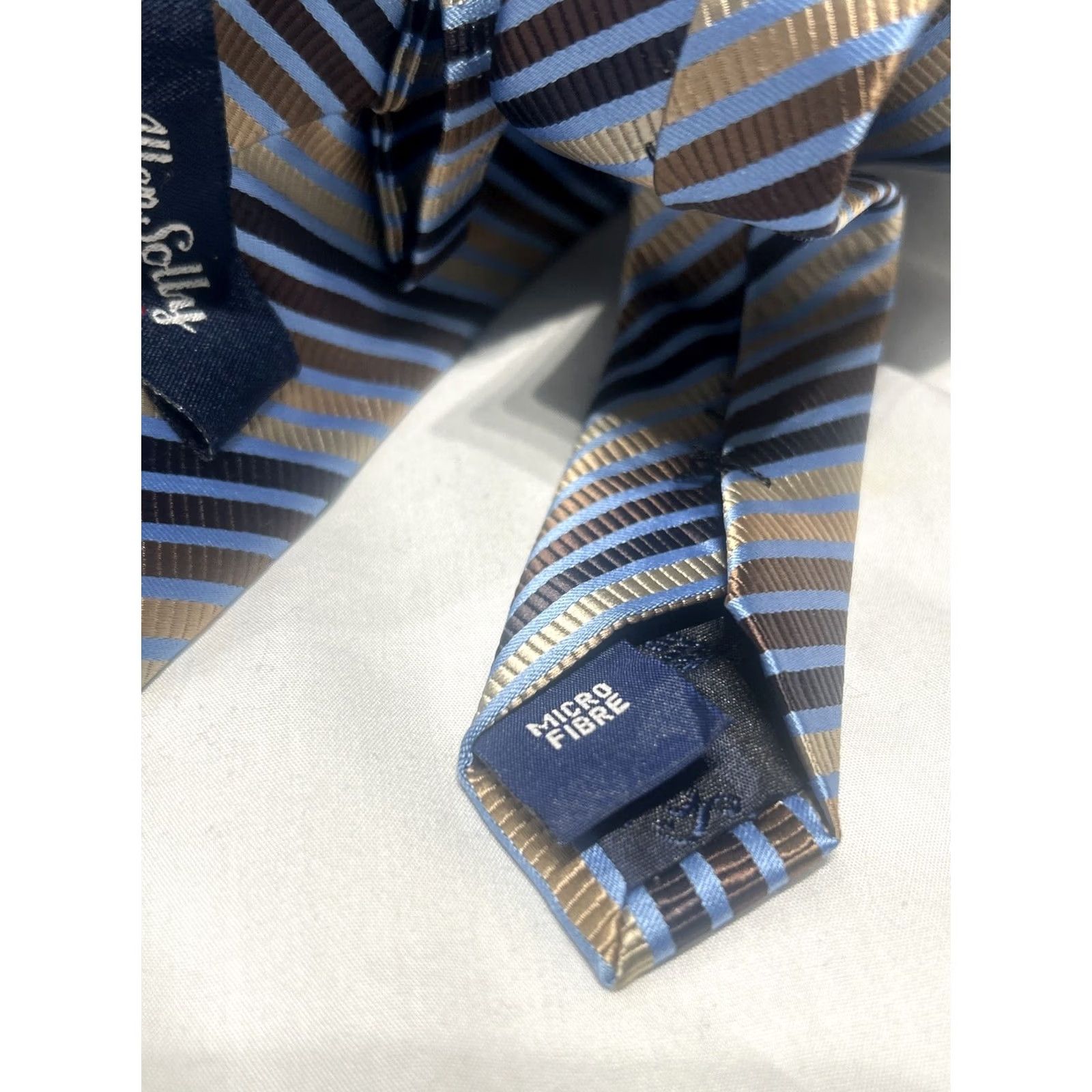 Vintage ALLEN SOLLY Men Luxury Striped Necktie Blue Brown 57" Silk Tie Geometric Designer 4" Width EUC Size ONE SIZE - 6 Thumbnail