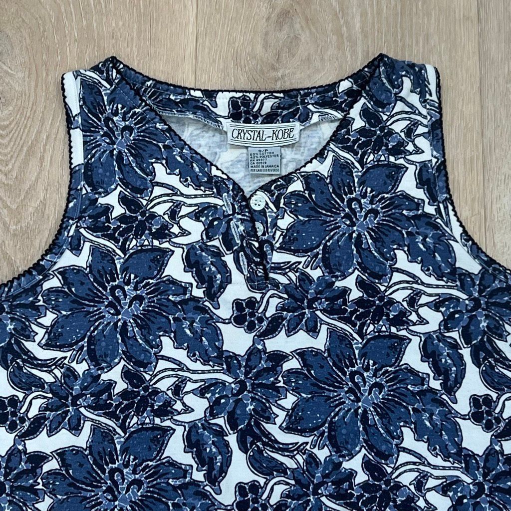 Vintage Crystal-Kobe, Blue & White Floral Vine Print Vintage Tank, W Size S / US 4 / IT 40 - 2 Thumbnail