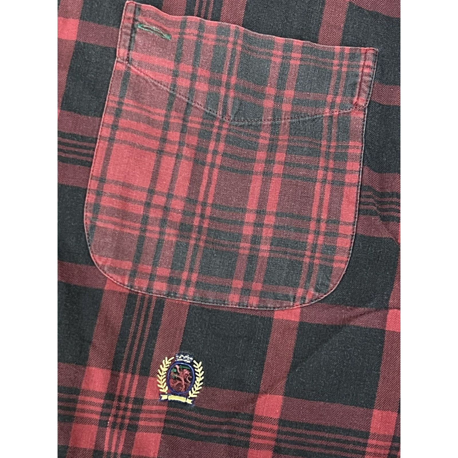 Tommy Hilfiger VINTAGE Tommy Hilfiger Shirt Red Plaid Long Sleeve Button-Down Sz L Adult Large Red, Cotton, 90s, Preppy, Lion Crest, Logo, Pocketed Mens Shirt Size 42R - 4 Thumbnail