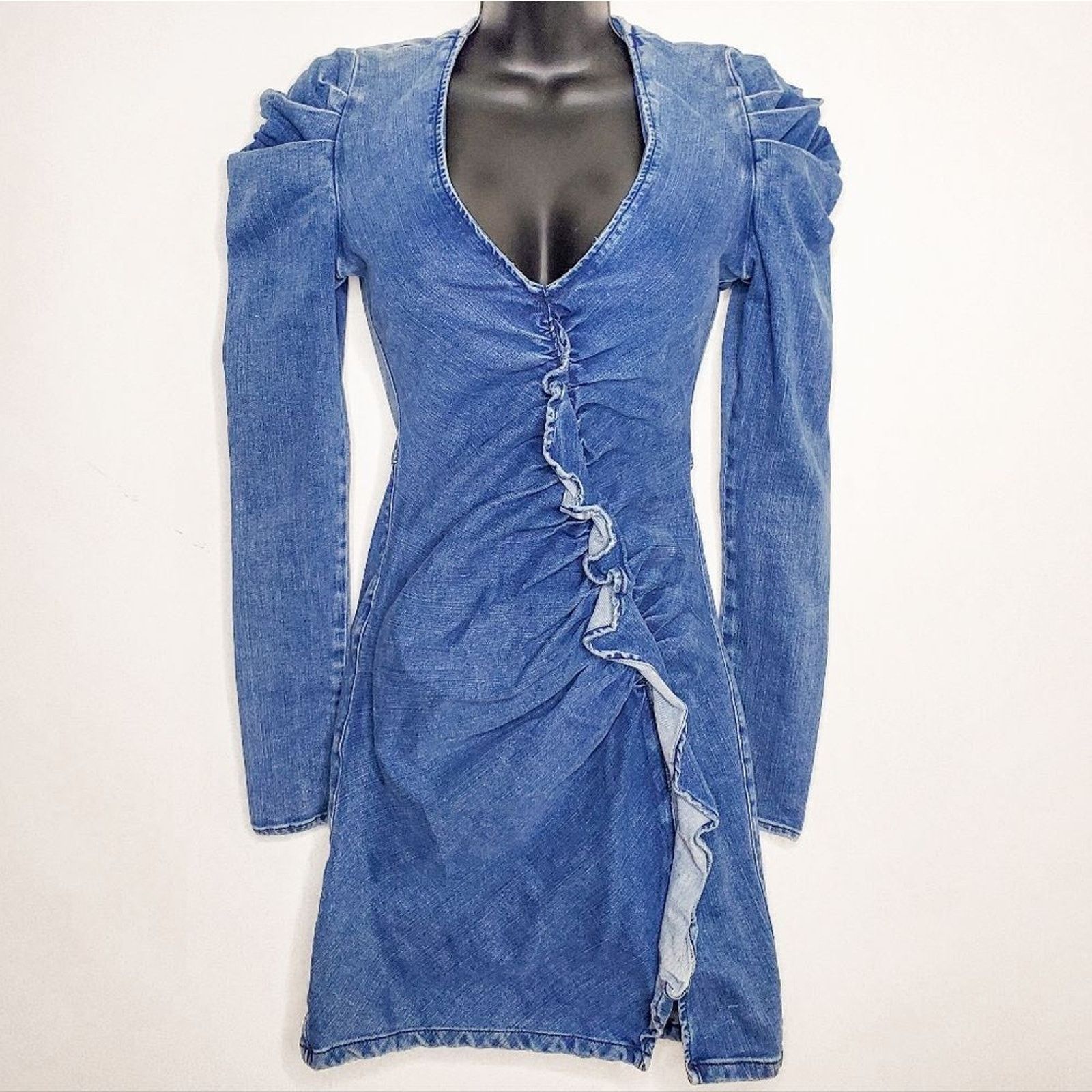 Jonathan Simkhai Denim Ruffle Long Puff Sleeve Dress Size 2