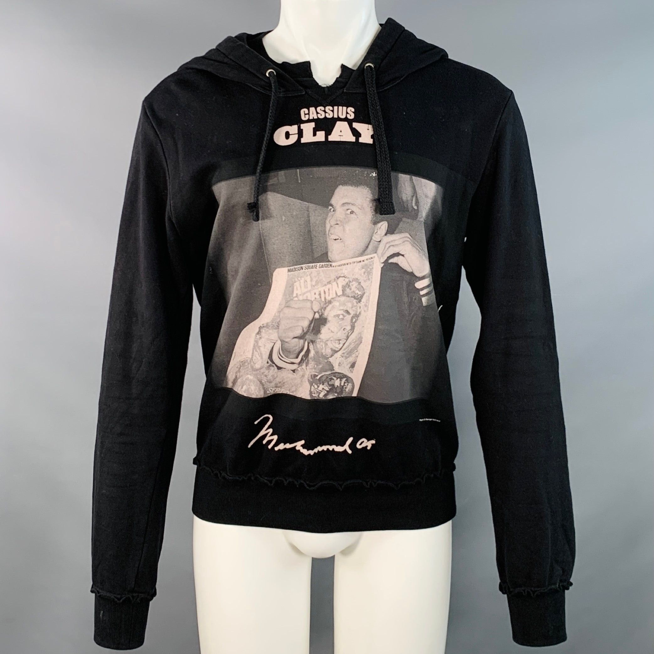 S Black Muhammad Ali Print Cotton Hooded Sweatshirt