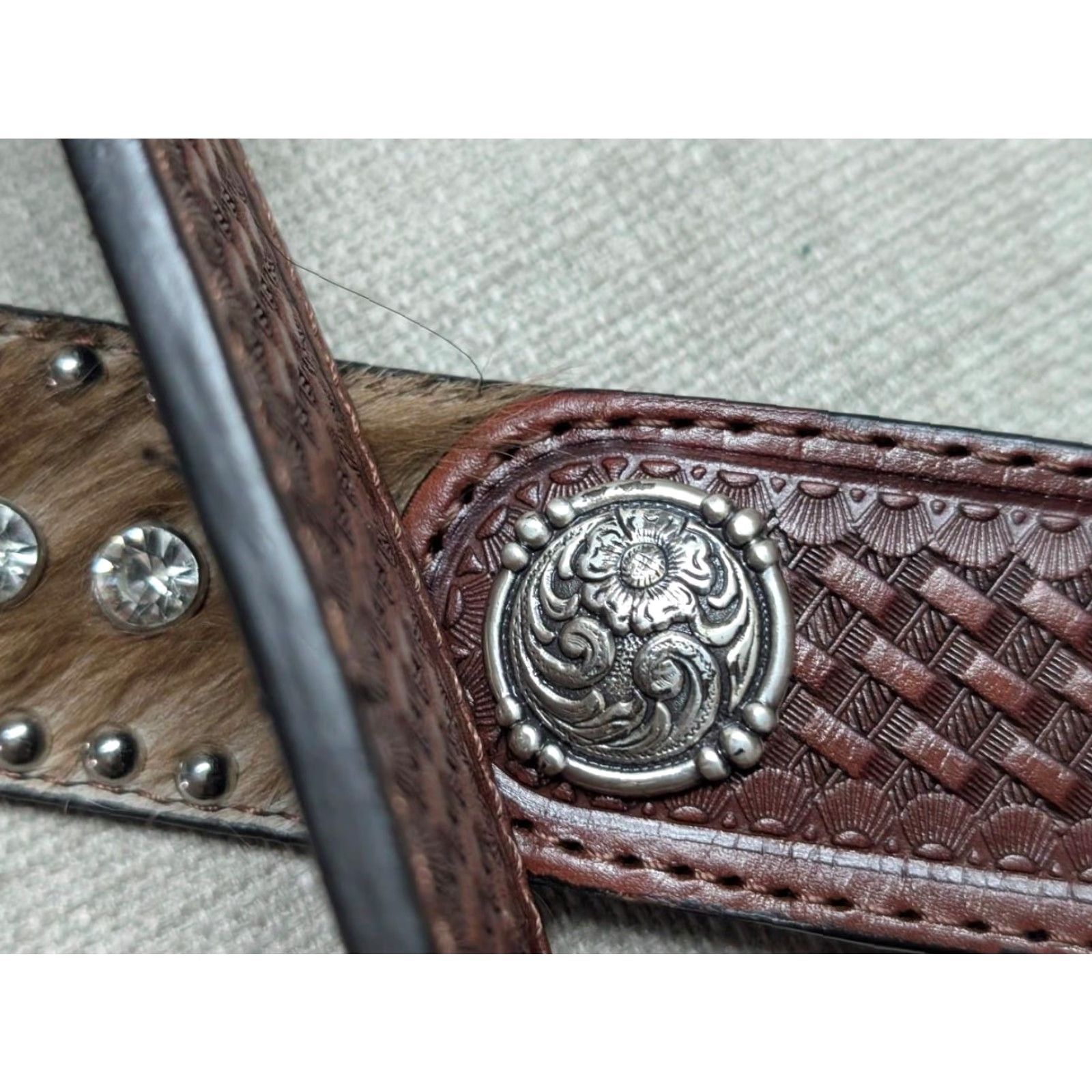 Vintage VINTAGE Ranger Western Belt belt Men 42 Brown Leather Studded Rhinestone Cowhair Concho 1-1/2" Western 90s Mens Size 42 - 5 Thumbnail
