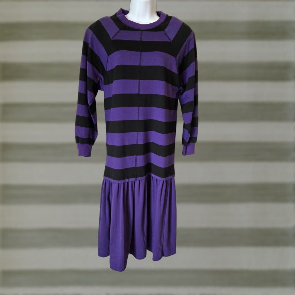 Vintage VTG 80s Adolfo II Purple Black Stripe Drop Waist Ruffle Hem Sweater Dress S Womens Size S / US 4 / IT 40 - 1 Thumbnail