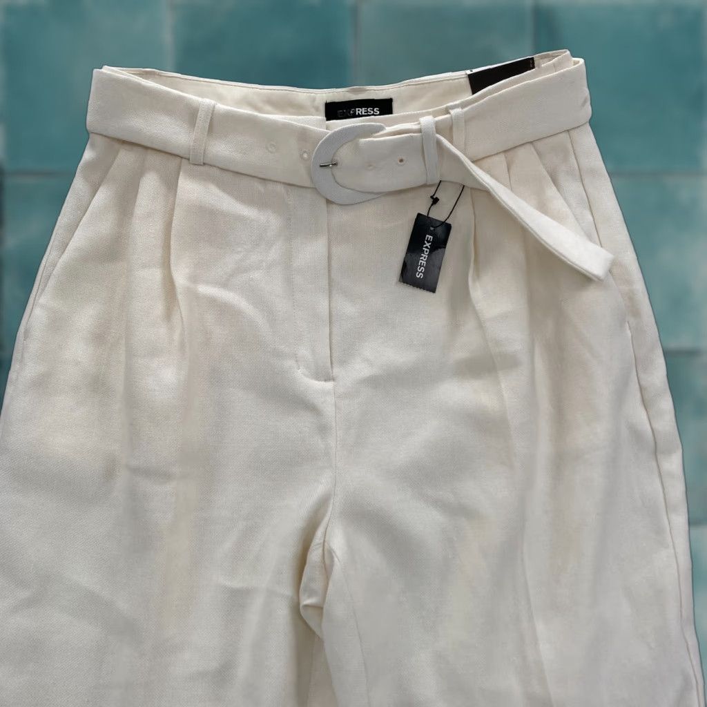 Express Express Ankle Pants Women's 8 Beige Linen Blend Stretch Material Pleated Belted Pants Size 30" / US 8 / IT 44 - 1 Thumbnail