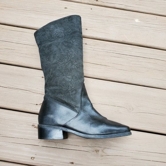 Vintage Vintage 90s y2k Black Floral Leather Fold Over Chunky Boots Size US 8.5 / IT 38.5 - 2 Thumbnail