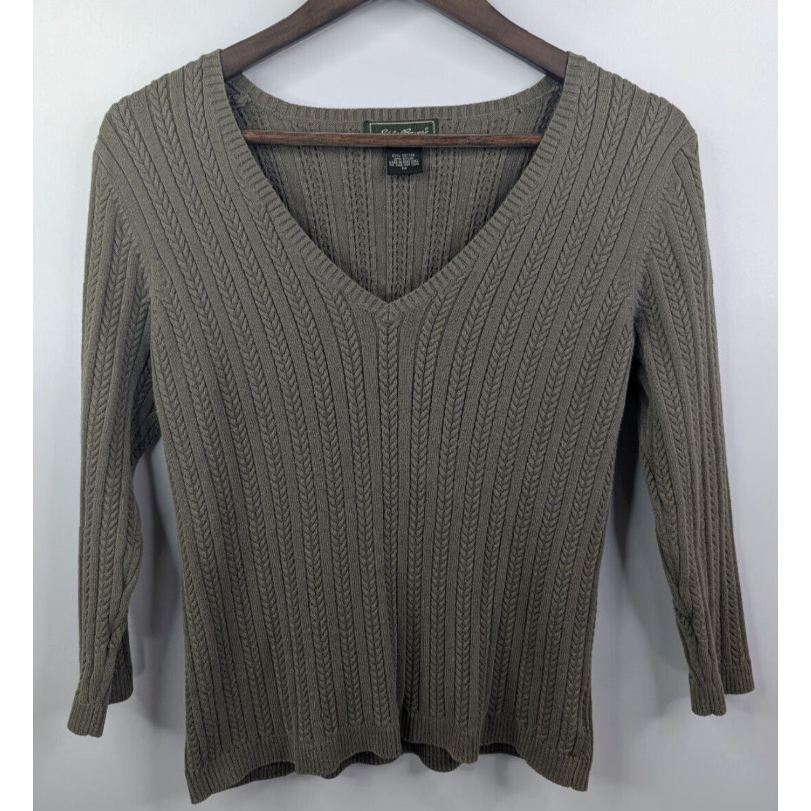 Eddie Bauer VINTAGE Eddie Bauer Women's Medium Green V Neck 3/4 Sleeve Cable Knit Sweater Size L / US 10 / IT 46 - 2 Thumbnail