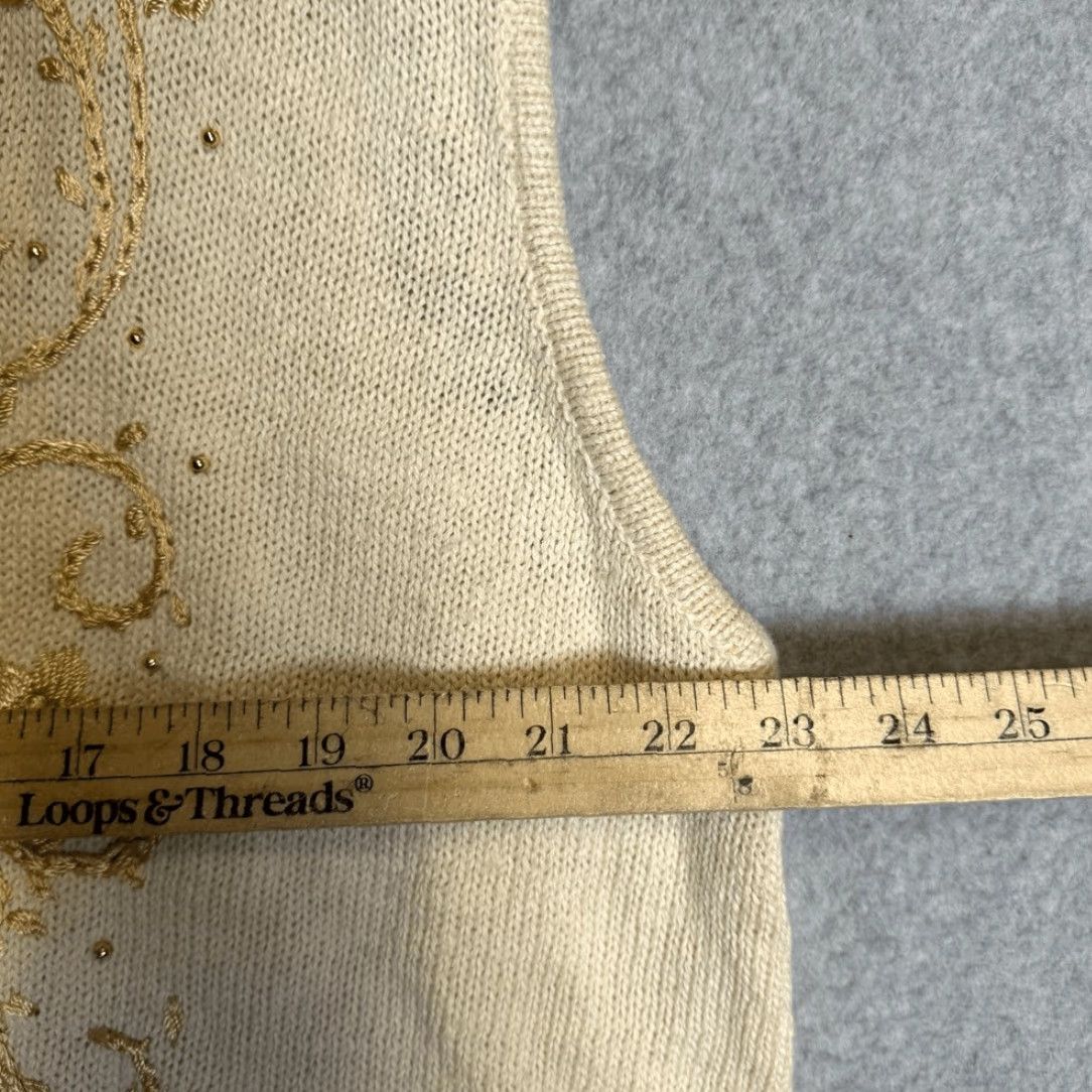 Lee VINTAGE Kathie Lee Women Plus 22/24W Embroidered Knit Cardigan Vest Sleeveless Tan Knit Sweater Ladies / Girls? Size 3XL / US 20-22 - 3 Thumbnail