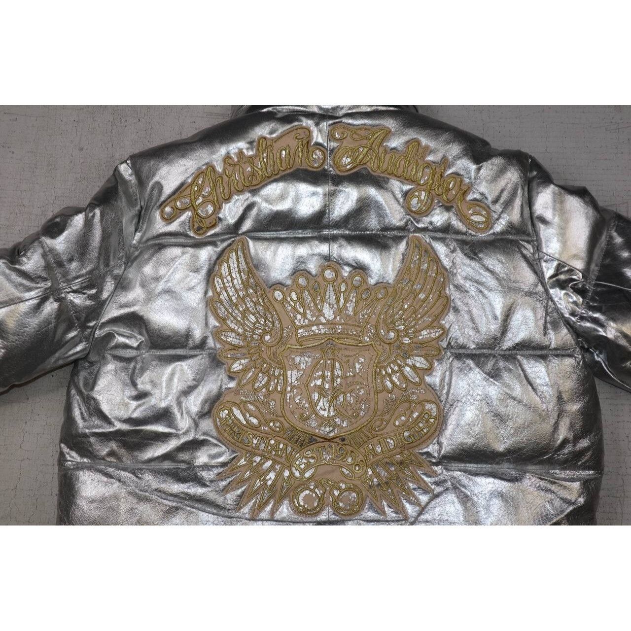 Christian Audigier Y2K Metallic Leather Puffer Jacket Gold Eagle Logo Sz M Size US M / EU 48-50 / 2 - 6 Thumbnail